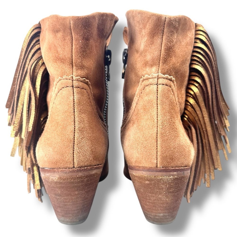 Sam Edelman Louie Womens Tan Suede Metallic Gold Fringe Booties Side Zip Sz 7.5 - Picture 5 of 16